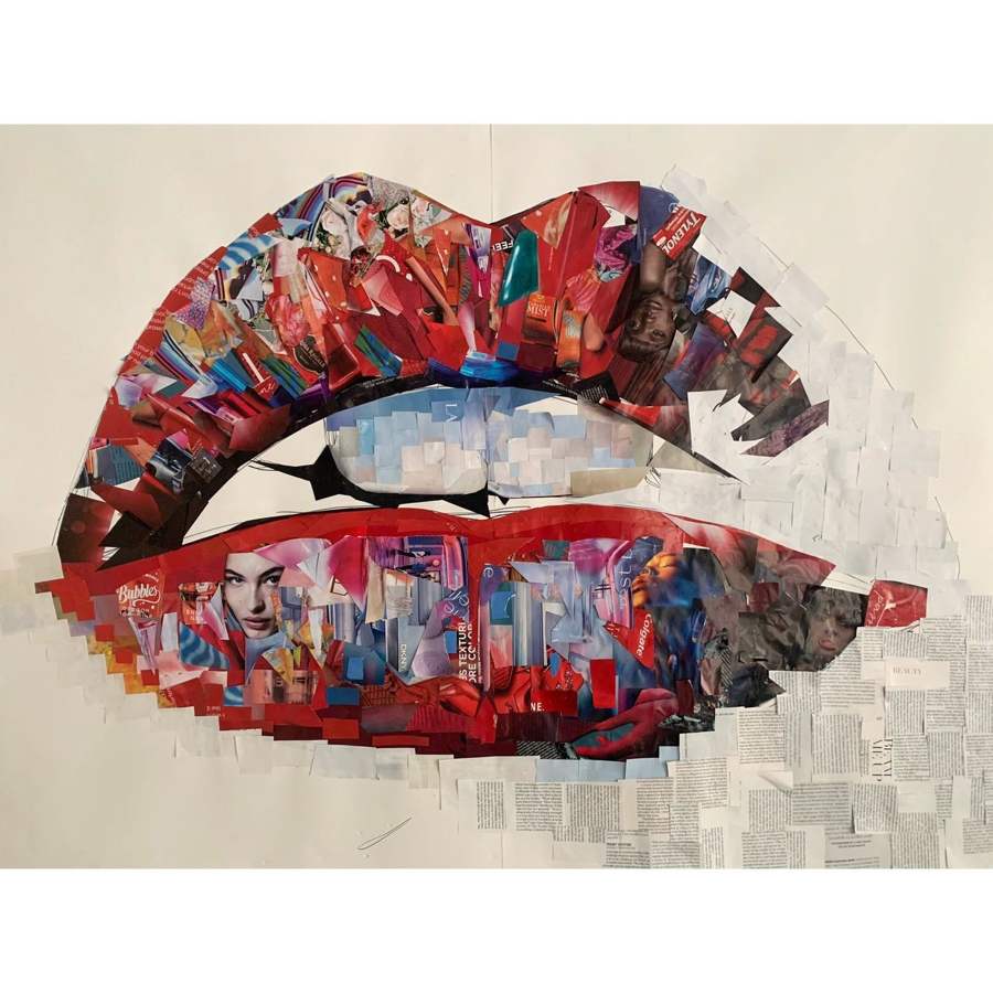 Read My Lips, hand-cut mosaic collage of red lips by Whitney L Anderson